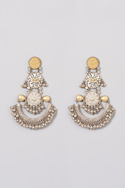 Oxidised Finish Kundan Polki & Pearl Dangler Earrings