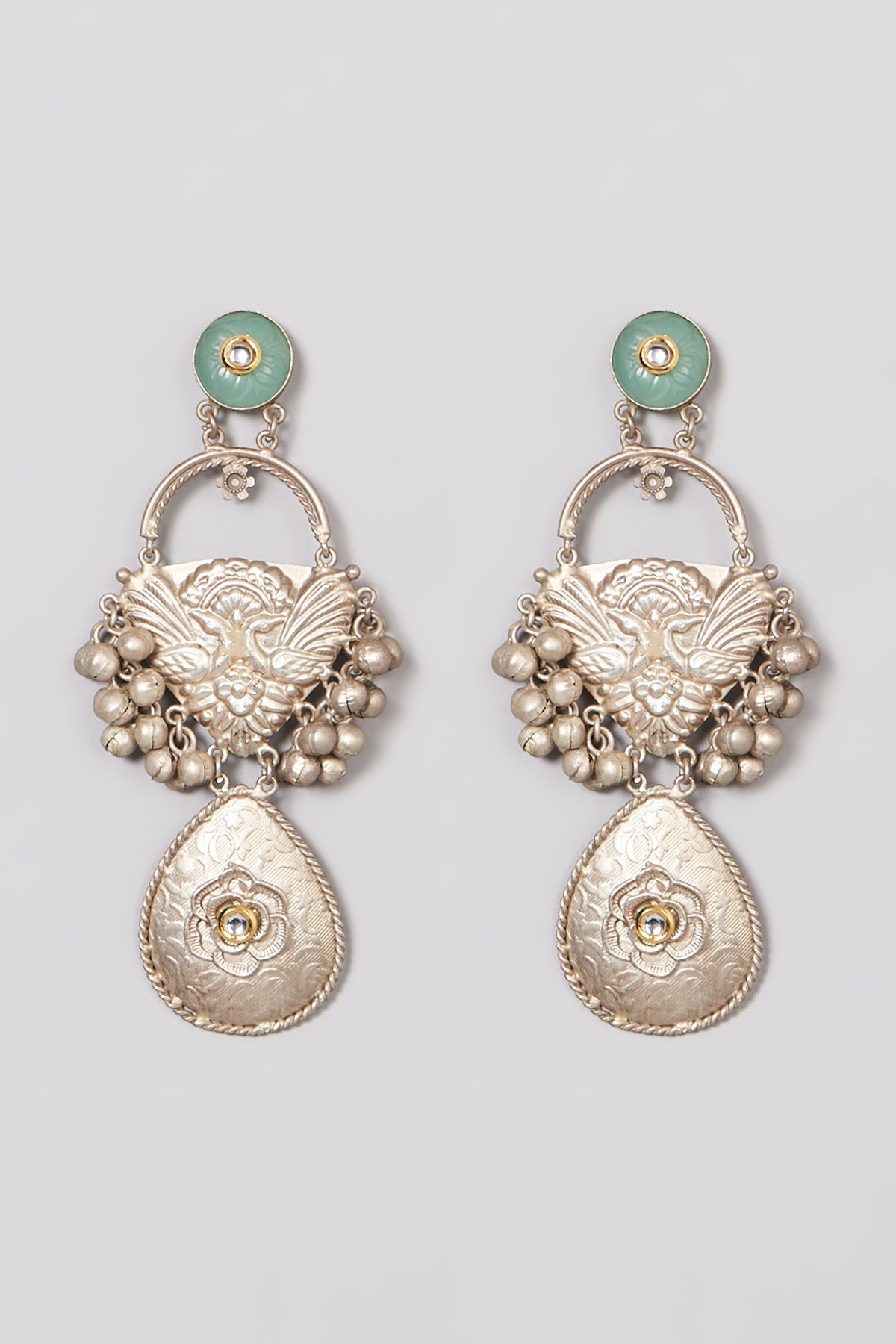 Oxidised Finish Mint Green Kundan Polki Dangler Earrings