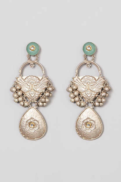 Oxidised Finish Mint Green Kundan Polki Dangler Earrings