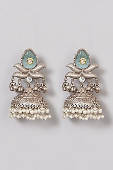 Oxidised Finish Mint Kundan Polki & Pearl Jhumka Earrings