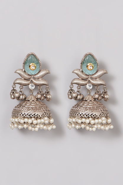 Oxidised Finish Mint Kundan Polki & Pearl Jhumka Earrings