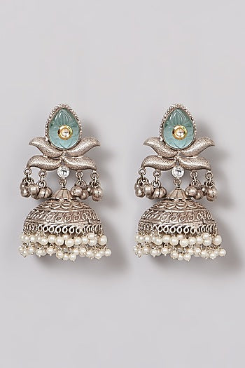 Oxidised Finish Mint Kundan Polki & Pearl Jhumka Earrings
