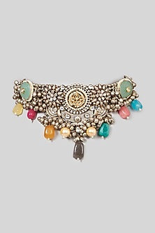 Oxidised Finish Kundan Polki & Natural Stone Choker Necklace