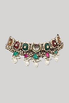 Oxidised Finish Kundan Polki & Natural Stone Choker Necklace