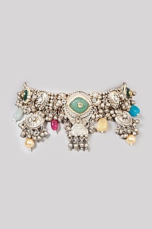 Oxidised Finish Kundan Polki & Natural Stone Choker Necklace