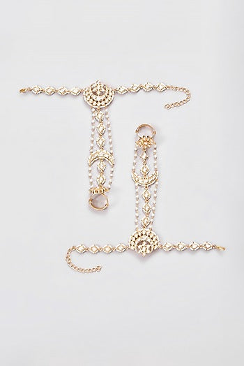 Gold Finish Kundan Polki Hathphool (Set of 2)