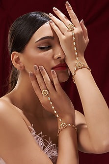 Gold Finish Kundan Polki Hathphool (Set of 2)