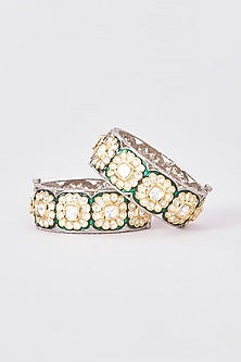 Gold Finish Kundan Polki Floral Kadas (Set of 2)