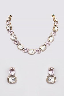 Black Rhodium Finish Rose Quartz Polki Necklace Set