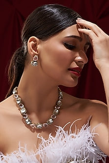 Black Rhodium Finish Rose Quartz Polki Necklace Set
