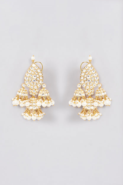 Gold Plated Kundan Polki & Pearl Jhumka Earrings