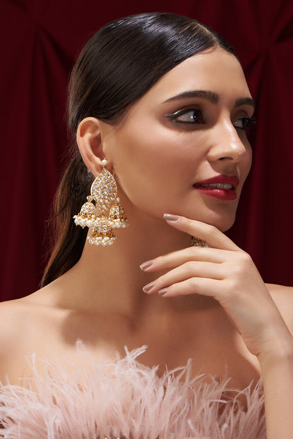 Gold Plated Kundan Polki & Pearl Jhumka Earrings