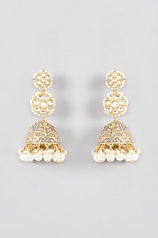 Gold Plated Kundan Polki & Pearl Meenakari Jhumka Earrings