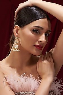Gold Plated Kundan Polki & Pearl Meenakari Jhumka Earrings