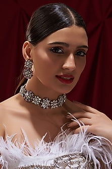 Black Rhodium Finish Kundan Polki Floral Necklace Set