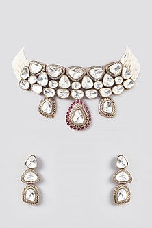 Black Rhodium Finish Kundan Polki & Pearl Choker Necklace Set