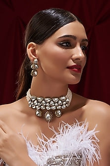 Black Rhodium Finish Kundan Polki & Pearl Choker Necklace Set
