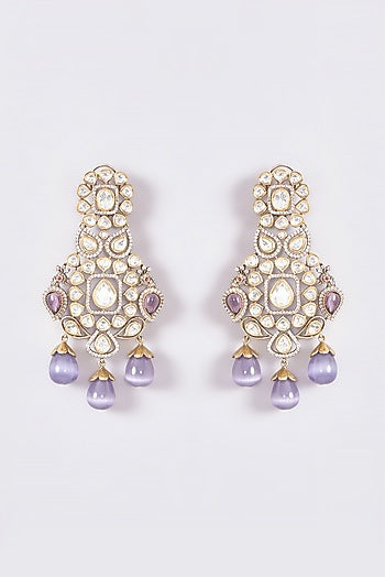 Black Rhodium Finish Purple Stone & Pearl Dangler Earrings