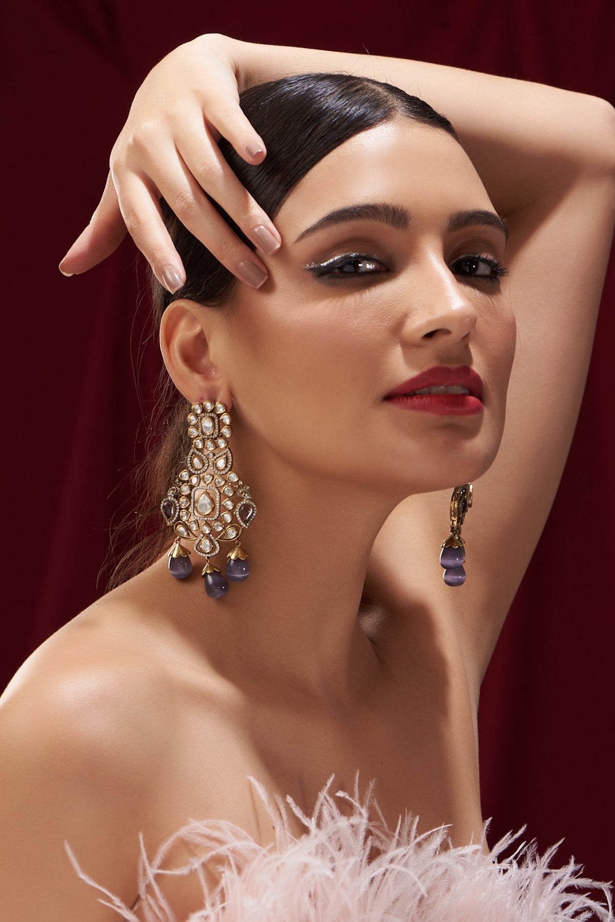 Black Rhodium Finish Purple Stone & Pearl Dangler Earrings