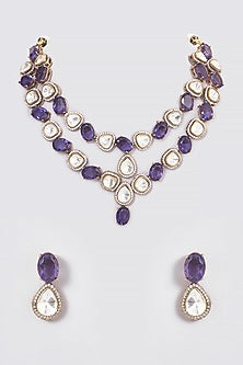 Black Rhodium Finish Amethyst & Kundan Polki Layered Necklace Set