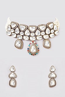 Black Rhodium Finish Kundan Polki Floral Necklace Set