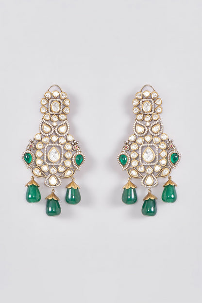 Black Rhodium Finish Polki & Emerald Dangler Earrings