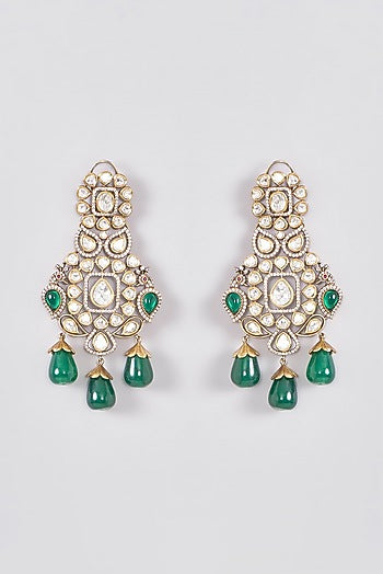 Black Rhodium Finish Polki & Emerald Dangler Earrings