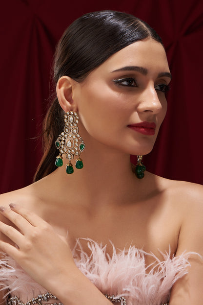 Black Rhodium Finish Polki & Emerald Dangler Earrings