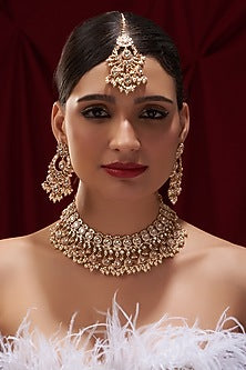 Gold Plated Kundan Polki & Pearl Necklace Set