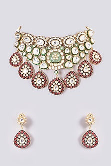 Gold Plated Green & Red Kundan Polki Necklace Set