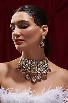 Gold Plated Green & Red Kundan Polki Necklace Set