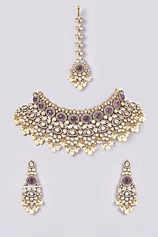 Black Rhodium Finish Kundan Polki & Pearl Drop Necklace Set