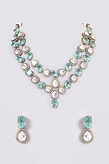 Black Rhodium Finish Light Green Kundan Polki Necklace Set