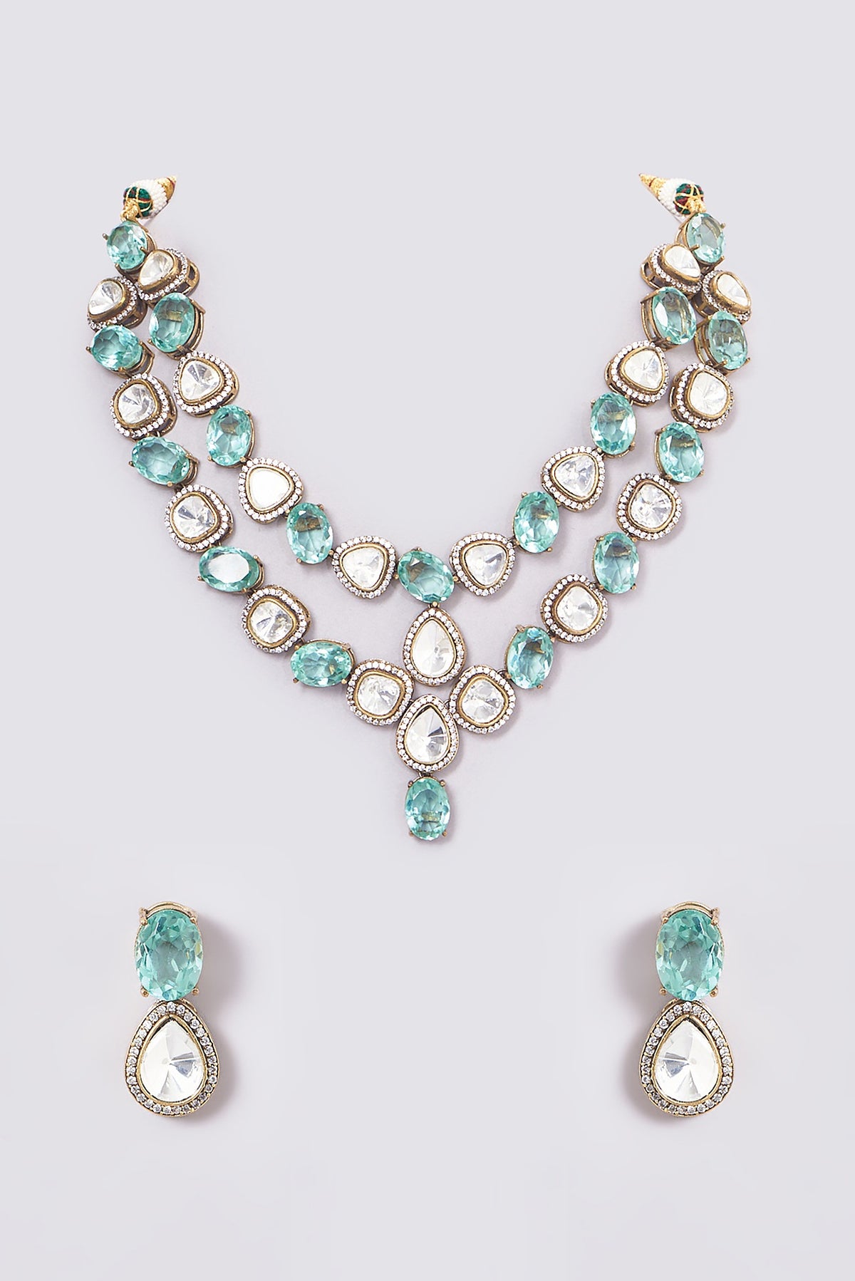 Black Rhodium Finish Light Green Kundan Polki Necklace Set