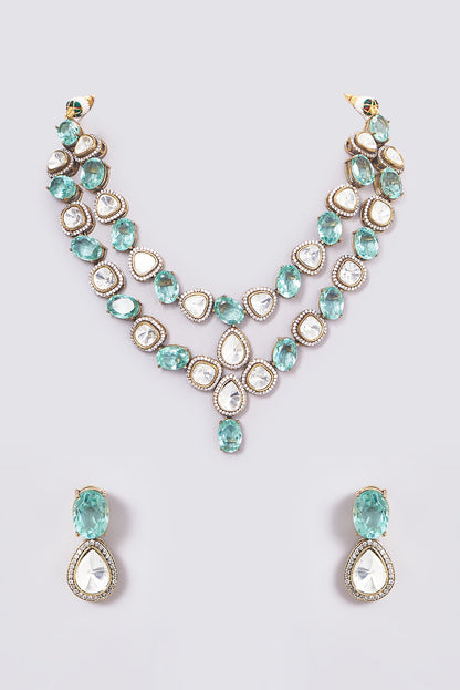 Black Rhodium Finish Light Green Kundan Polki Necklace Set