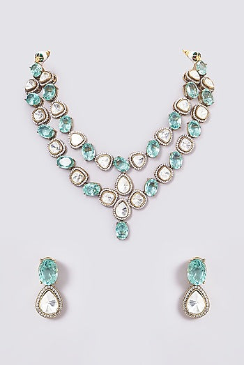 Black Rhodium Finish Light Green Kundan Polki Necklace Set