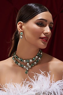 Black Rhodium Finish Light Green Kundan Polki Necklace Set