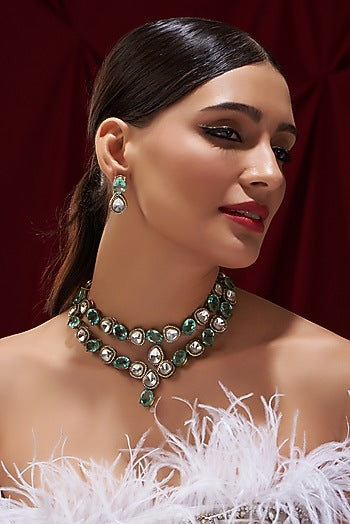 Black Rhodium Finish Light Green Kundan Polki Necklace Set