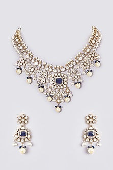 Black Rhodium Finish Sapphire Stone & Pearl Necklace Set