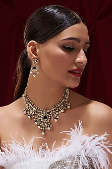 Black Rhodium Finish Sapphire Stone & Pearl Necklace Set