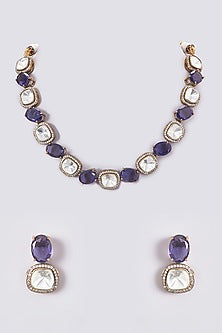 Black Rhodium Finish Amethyst Kundan Polki Necklace Set