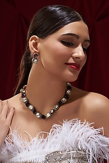 Black Rhodium Finish Amethyst Kundan Polki Necklace Set