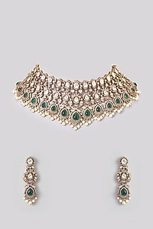 Black Rhodium Finish Kundan Polki & Pearl Drop Necklace Set