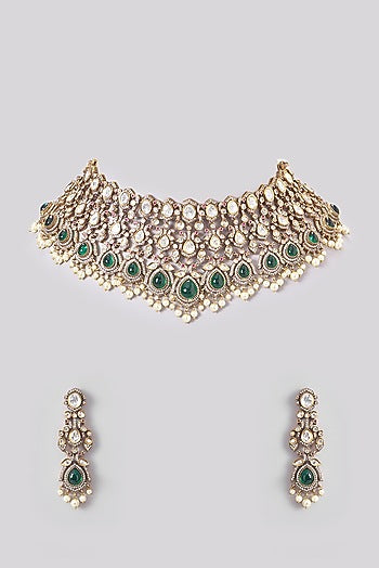 Black Rhodium Finish Kundan Polki & Pearl Drop Necklace Set