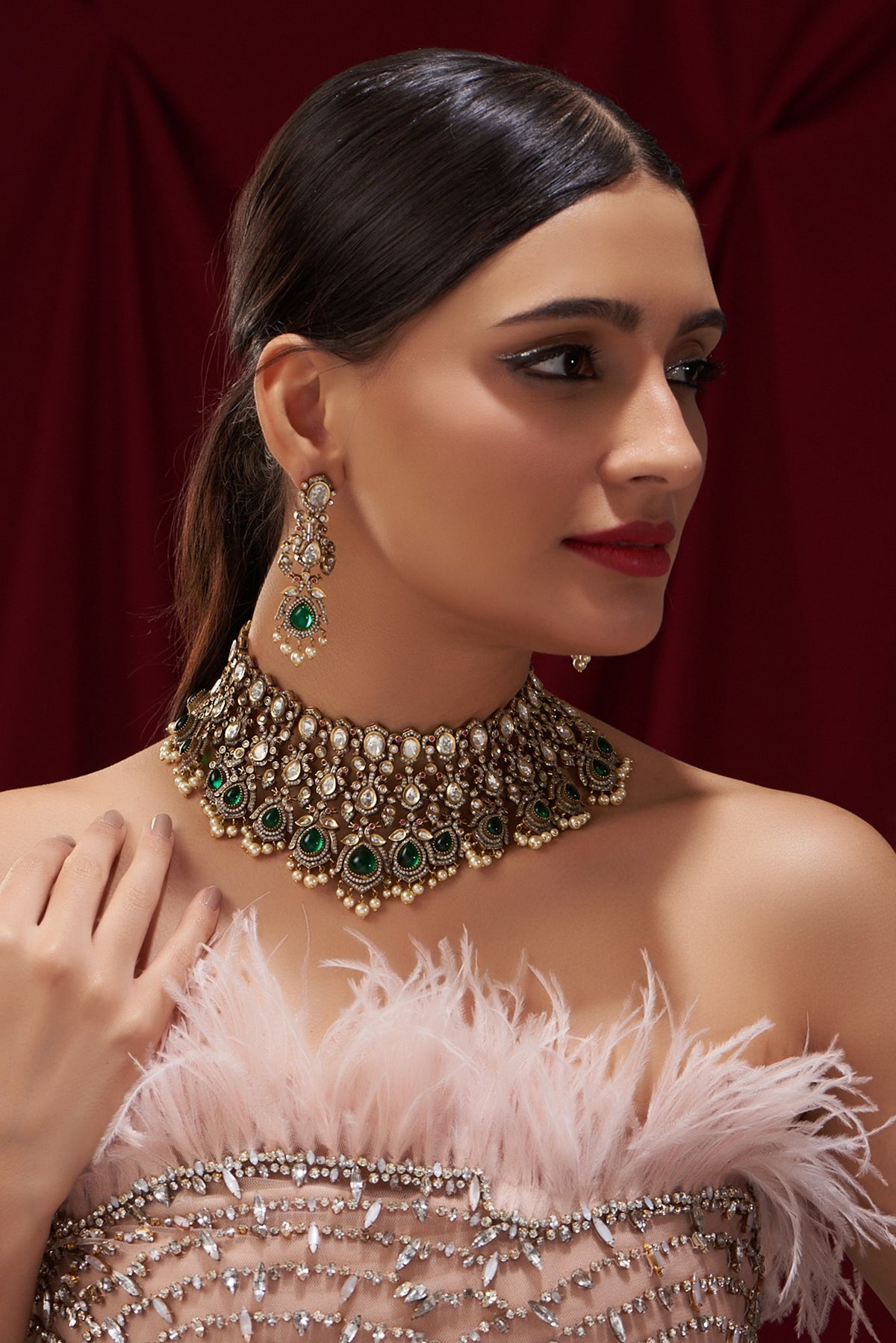 Black Rhodium Finish Kundan Polki & Pearl Drop Necklace Set