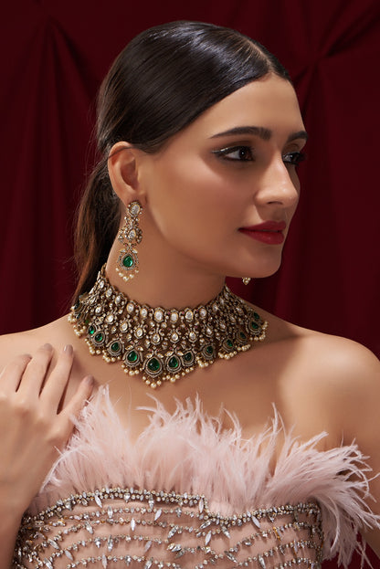 Black Rhodium Finish Kundan Polki & Pearl Drop Necklace Set