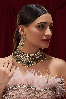Black Rhodium Finish Kundan Polki & Pearl Drop Necklace Set