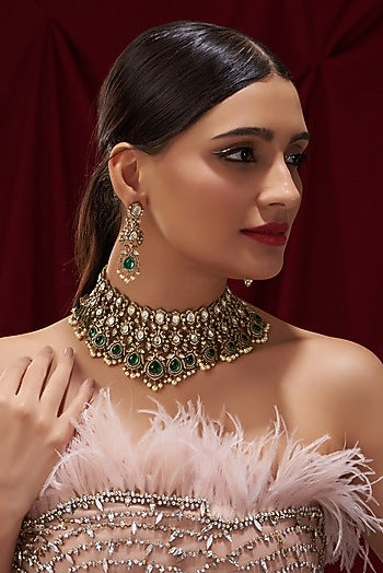 Black Rhodium Finish Kundan Polki & Pearl Drop Necklace Set