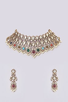 Black Rhodium Finish Kundan Polki & Pearl Drop Necklace Set