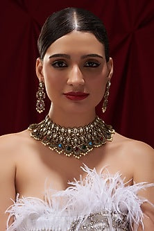Black Rhodium Finish Kundan Polki & Pearl Drop Necklace Set